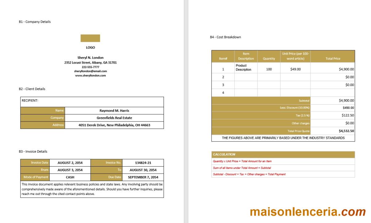 Profesjonalny szablon faktury Freelance Writer w formatach Word i PDF